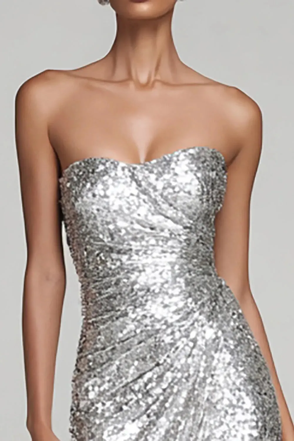 Sparkly Silver Strapless Sheath Holiday Party Dress With Slit sold by Zapaka product image thumbnail 3