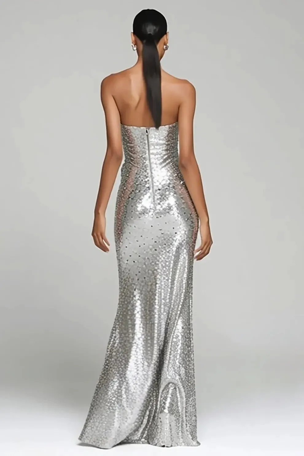 Sparkly Silver Strapless Sheath Holiday Party Dress With Slit sold by Zapaka product image thumbnail 2