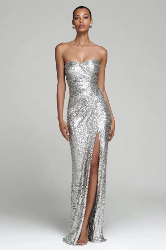 Sparkly Silver Strapless Sheath Holiday Party Dress With Slit sold by Zapaka