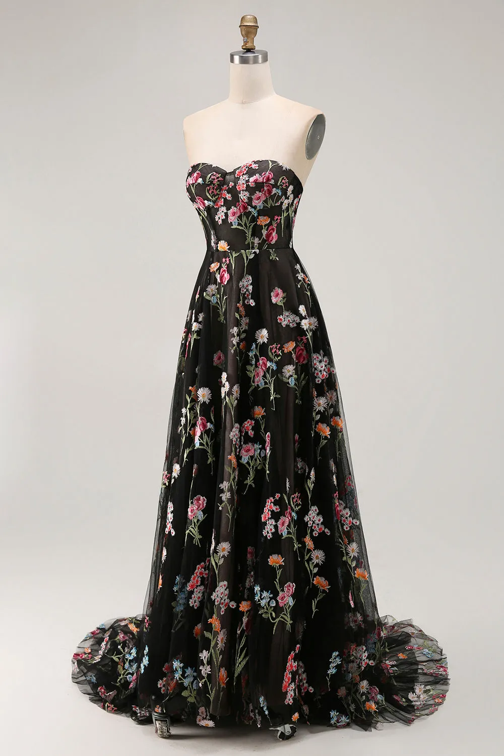 Strapless Black Floral A Line Long Prom Dress sold by Zapaka product image thumbnail 3