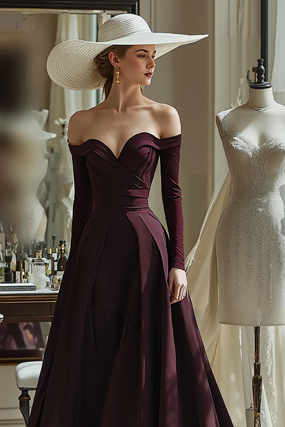 Cabernet A Line Satin Off the Shoulder Long Sleeves Mother of the Bride Dress sold by Zapaka product image thumbnail 3