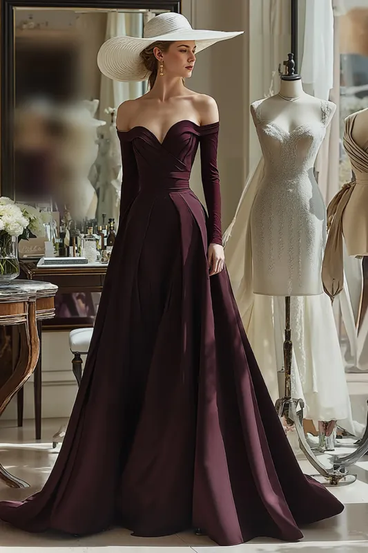 Cabernet A Line Satin Off the Shoulder Long Sleeves Mother of the Bride Dress sold by Zapaka