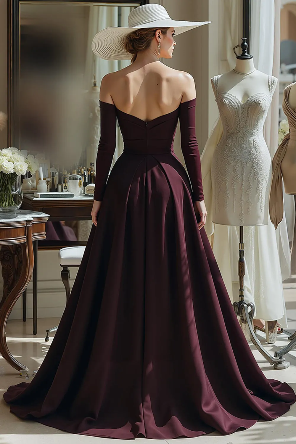 Cabernet A Line Satin Off the Shoulder Long Sleeves Mother of the Bride Dress sold by Zapaka product image thumbnail 2