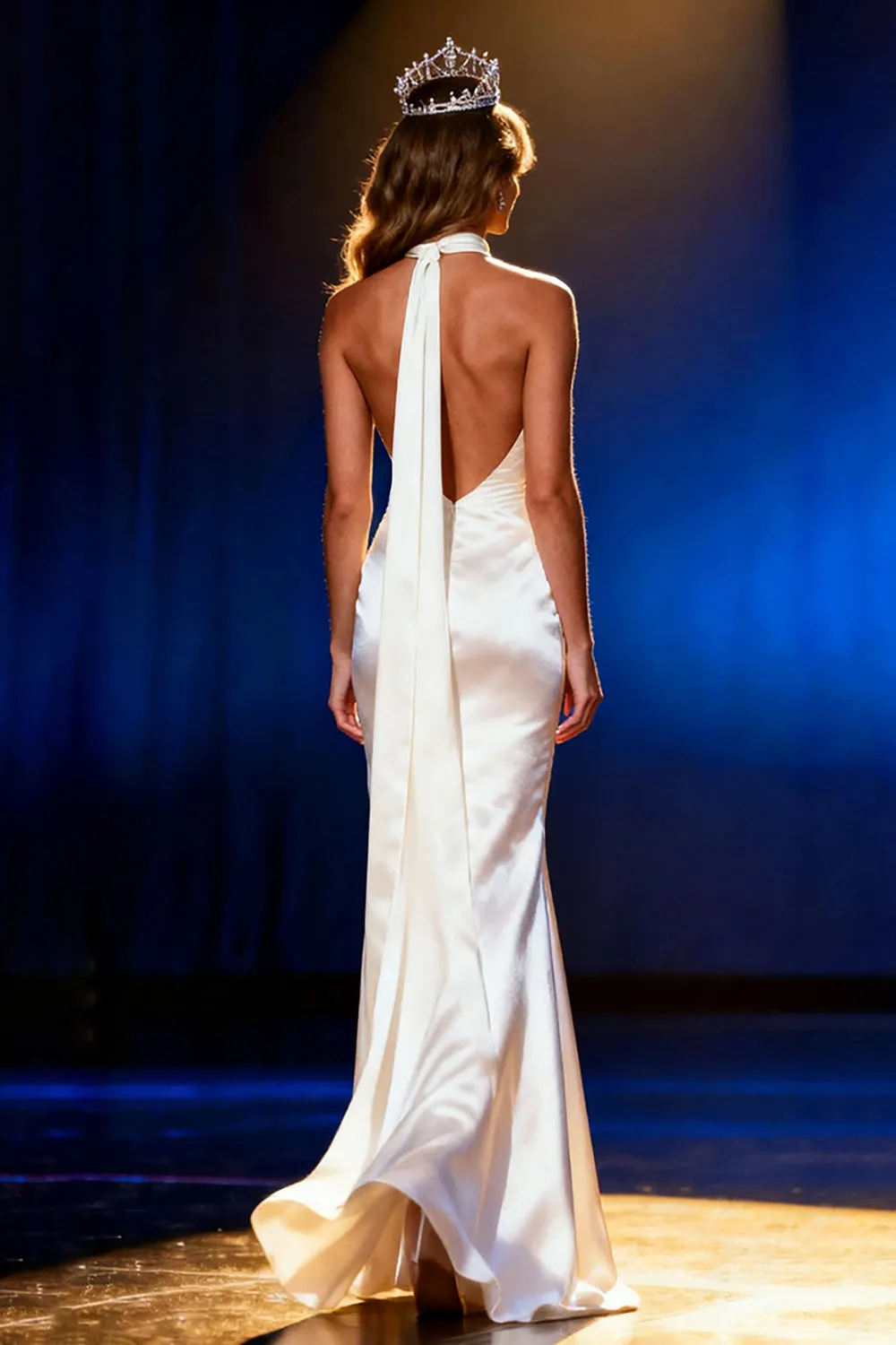 White Satin Mermaid Halter Long Pageant Dress with Cape sold by Zapaka product image thumbnail 2