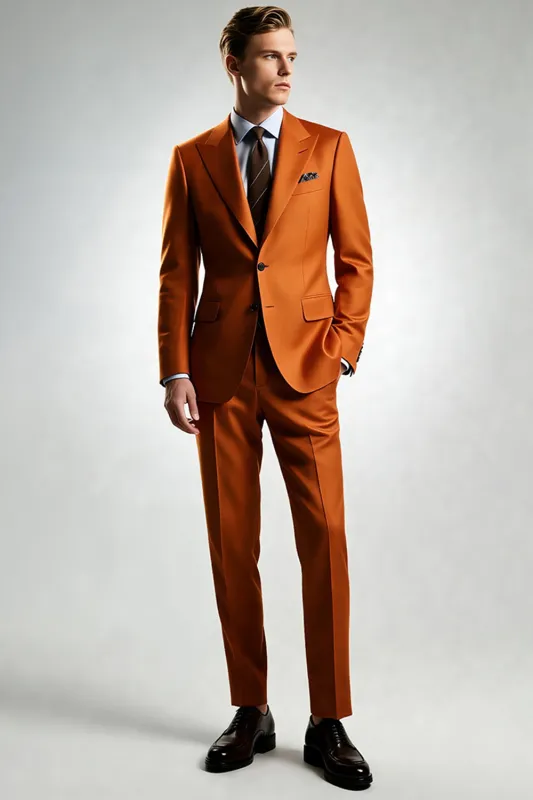 Dark Orange Peak Lapel One Button Men's Suits sold by Zapaka