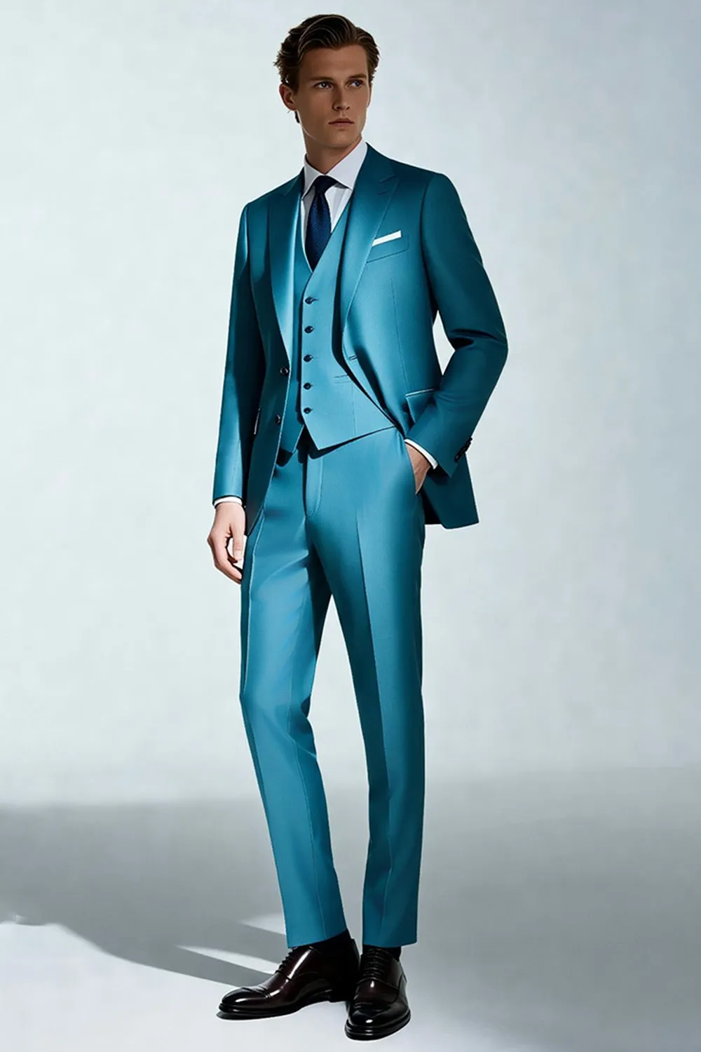 Peacock Blue Peak Lapel 3 Piece Men's Suits sold by Zapaka