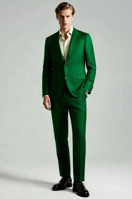 Dark Green Peak Lapel 2 Piece Men's Suits made by Zapaka