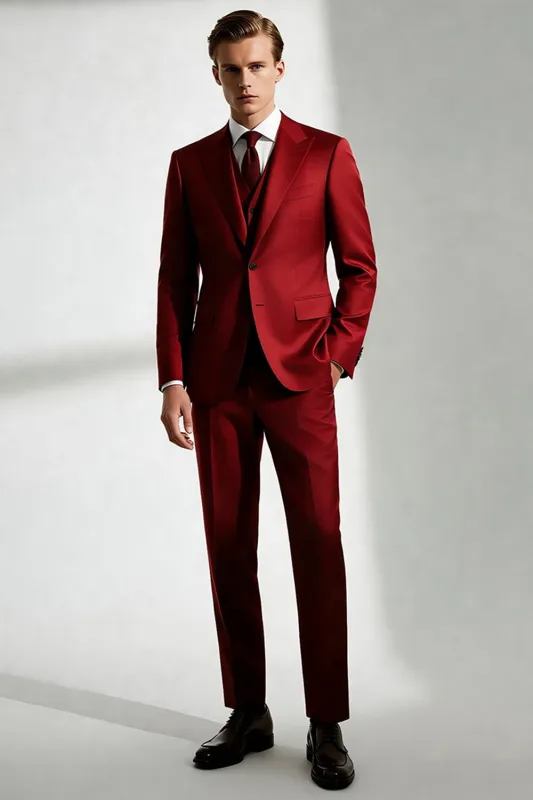 Burgundy Peak Lapel One Button Men's Suits sold by Zapaka