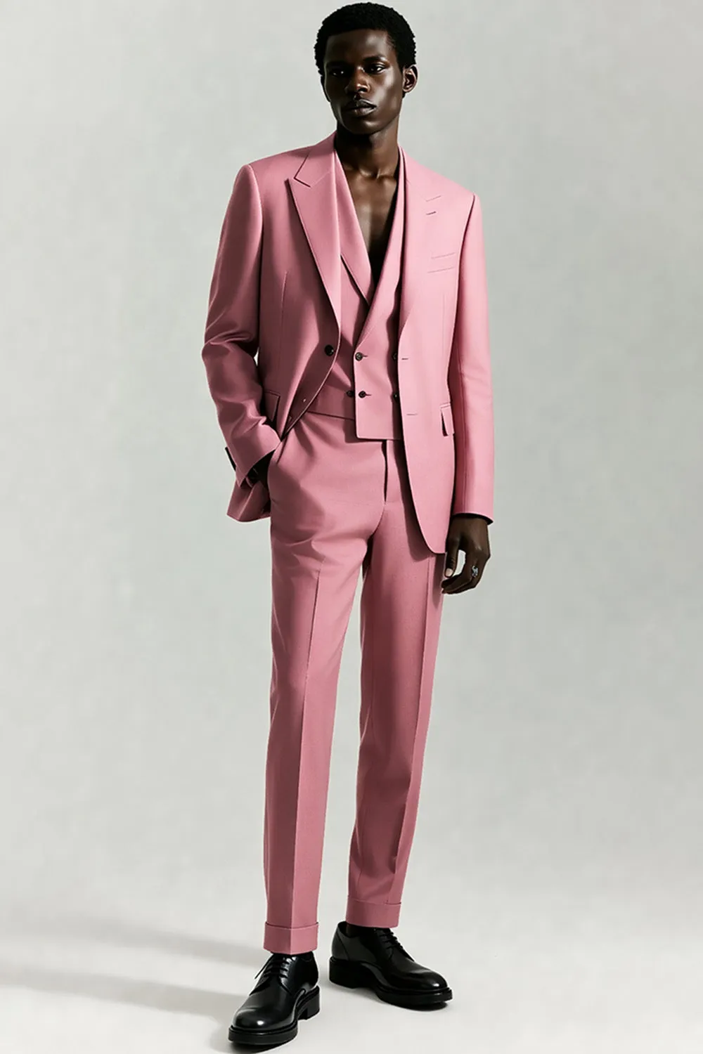 Grey Pink Peak Lapel Single Breasted 3-Piece Men Formal Suits sold by Zapaka