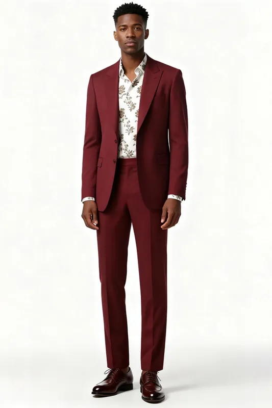 Burgundy Peak Lapel 2 Piece Single Breasted Men Suits sold by Zapaka