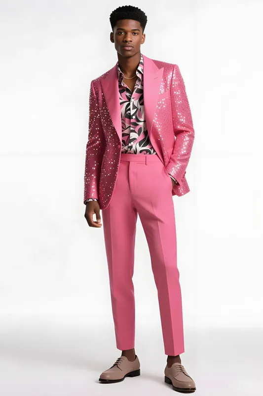 2 Piece Blush Slim Fit Peak Lapel Men's Prom Suits with Sequins sold by Zapaka