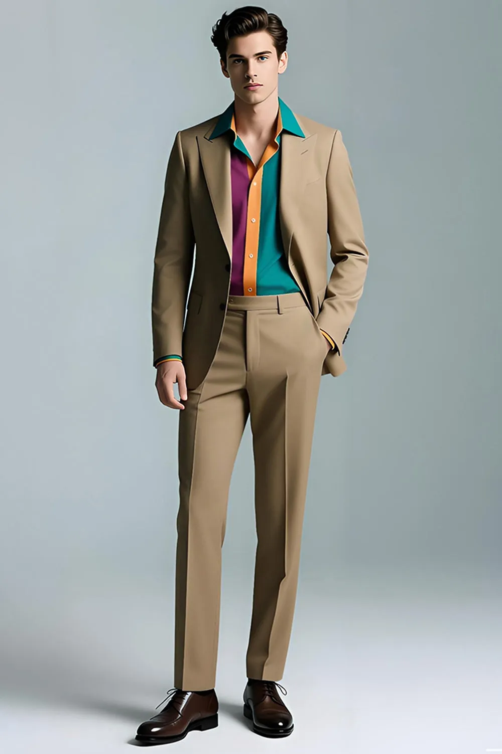 Khaki Peak Lapel 2 Piece Slim Fit Men's Suits sold by Zapaka