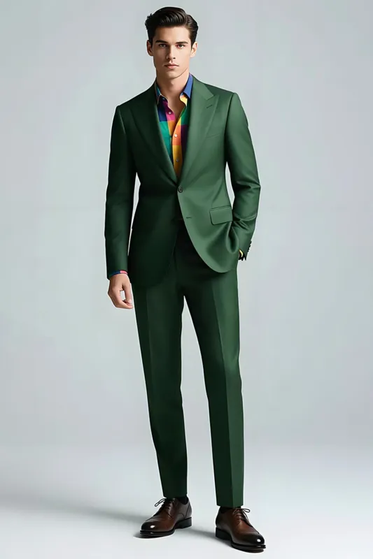 Dark Green Peak Lapel 2 Piece Slim Fit Prom Suits sold by Zapaka