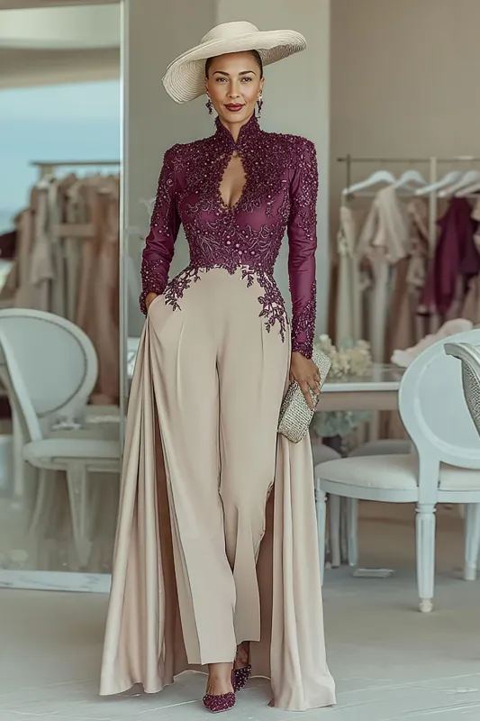 Purple Apricot High Neck Appliqued Mother of the Bride Jumpsuits with Keyhole sold by Zapaka
