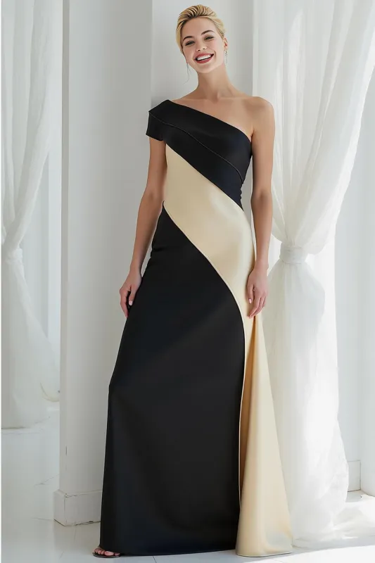 Black and White One Shoulder Satin Sheath Evening Dress sold by Zapaka