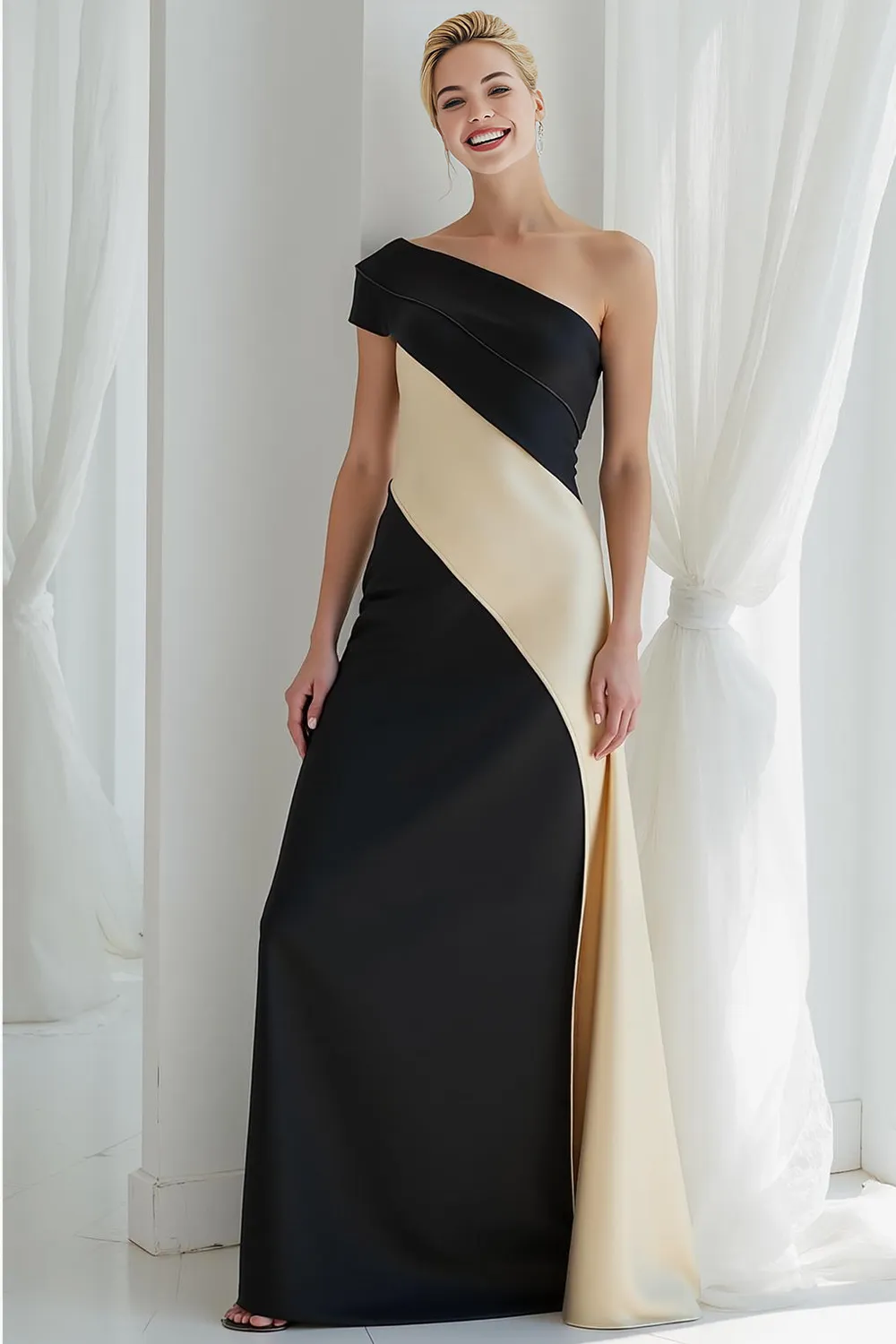 Black and White One Shoulder Satin Sheath Evening Dress sold by Zapaka
