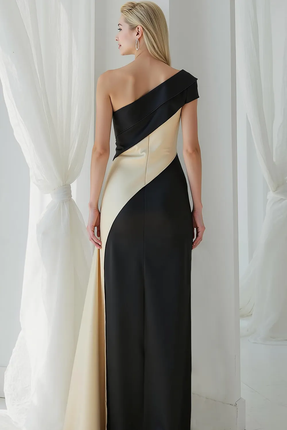 Black and White One Shoulder Satin Sheath Evening Dress sold by Zapaka product image thumbnail 2