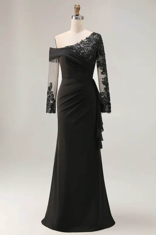 Black Sheath Asymmetrical Long Mother of the Bride Dress with Lace Appliques sold by Zapaka