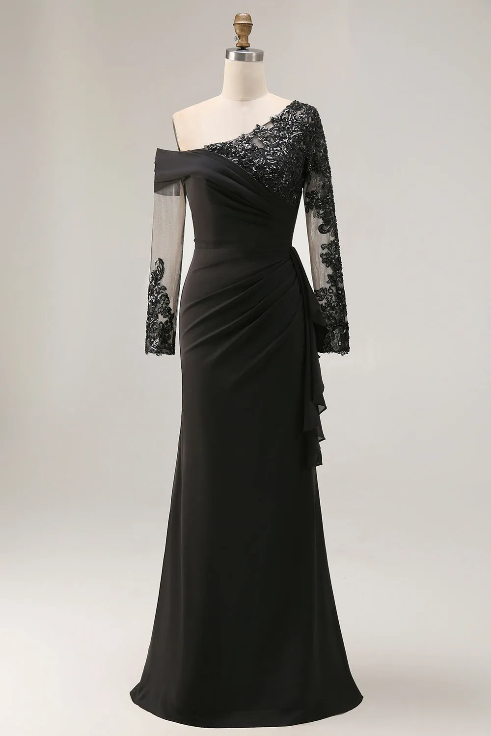 Black Sheath Asymmetrical Long Mother of the Bride Dress with Lace Appliques sold by Zapaka