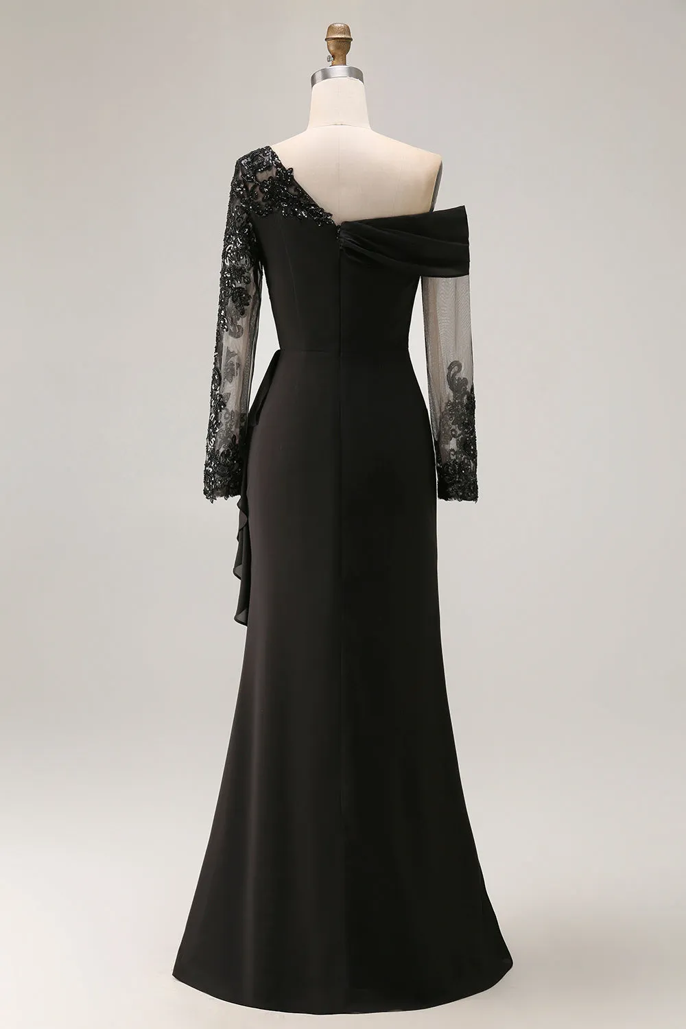 Black Sheath Asymmetrical Long Mother of the Bride Dress with Lace Appliques sold by Zapaka product image thumbnail 2