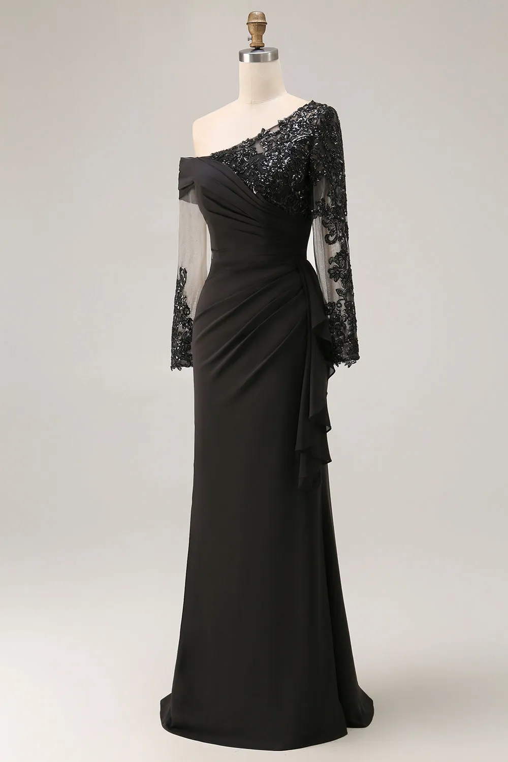 Black Sheath Asymmetrical Long Mother of the Bride Dress with Lace Appliques sold by Zapaka product image thumbnail 5