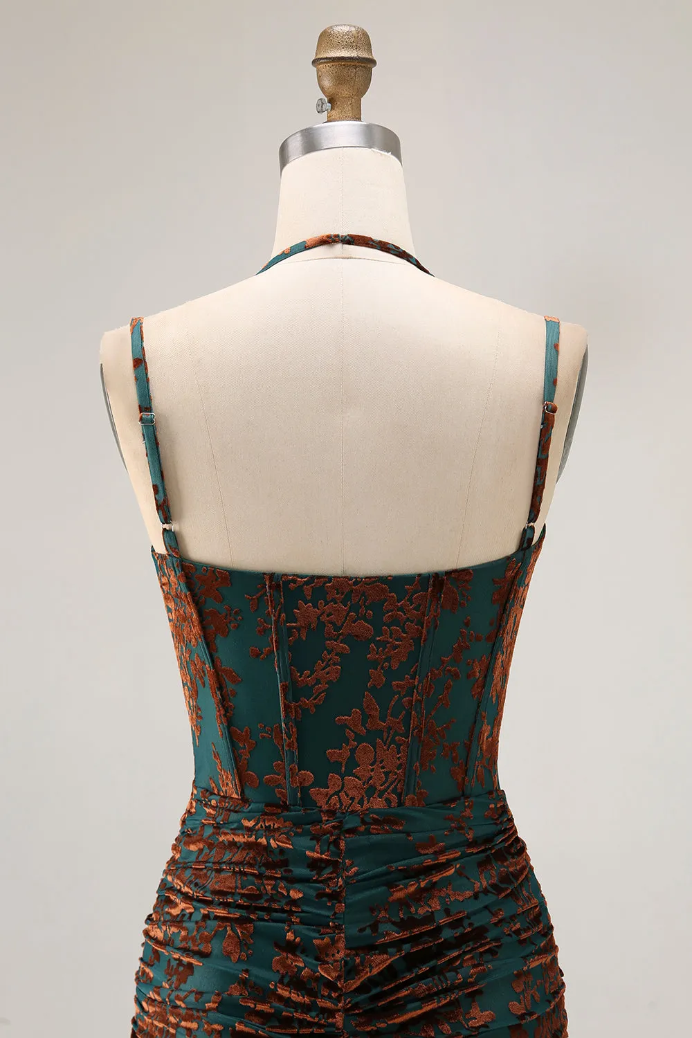 Dark Green Spaghetti Straps Burnout Velvet Corset Ruched Bridesmaid Dress sold by Zapaka product image thumbnail 5