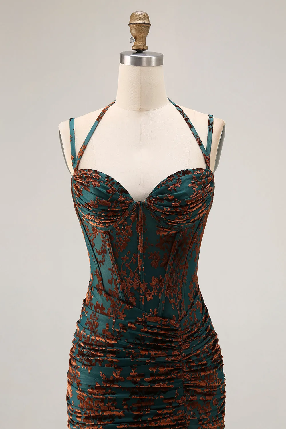 Dark Green Spaghetti Straps Burnout Velvet Corset Ruched Bridesmaid Dress sold by Zapaka product image thumbnail 4