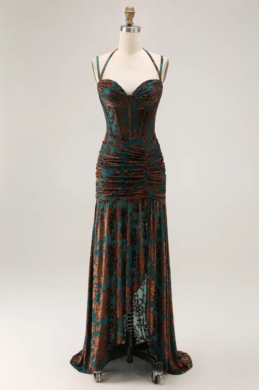 Dark Green Spaghetti Straps Burnout Velvet Corset Ruched Bridesmaid Dress sold by Zapaka