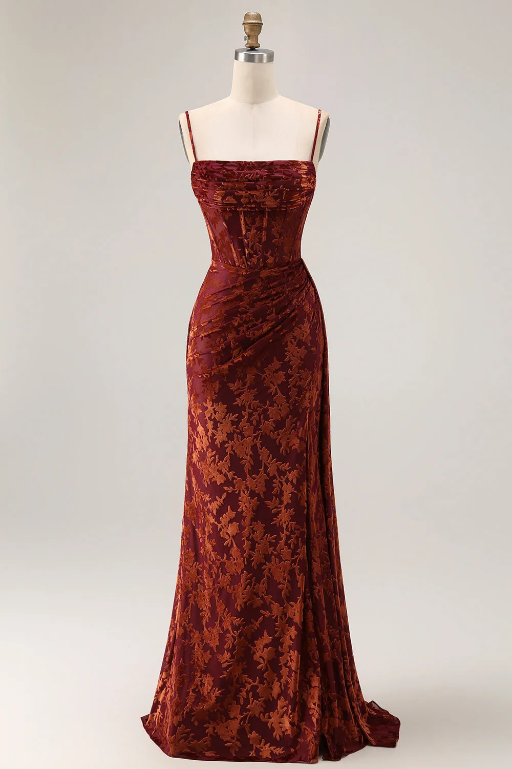 Burgundy Mermaid Corset Streamer Burnout Velvet Bridesmaid Dress with Slit sold by Zapaka