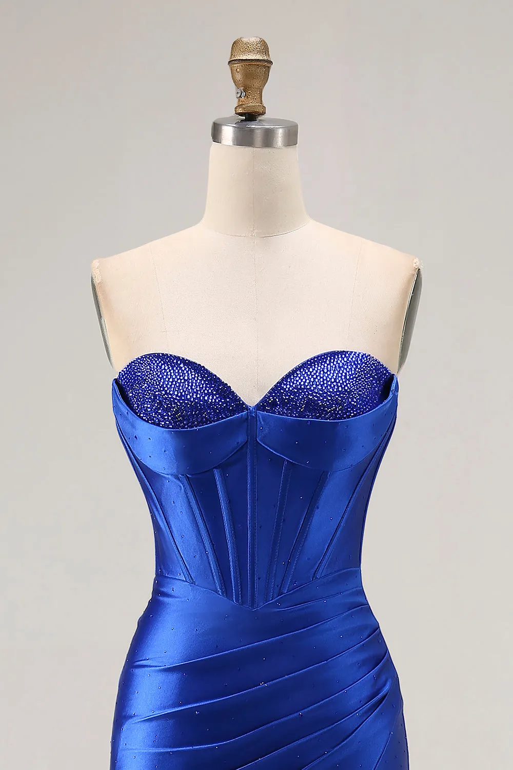 Royal Blue Strapless Beaded Corset Mermaid Pleated Long Prom Dress with Slit sold by Zapaka product image thumbnail 4