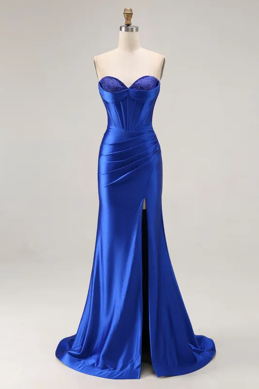 Royal Blue Strapless Beaded Corset Mermaid Pleated Long Prom Dress with Slit sold by Zapaka