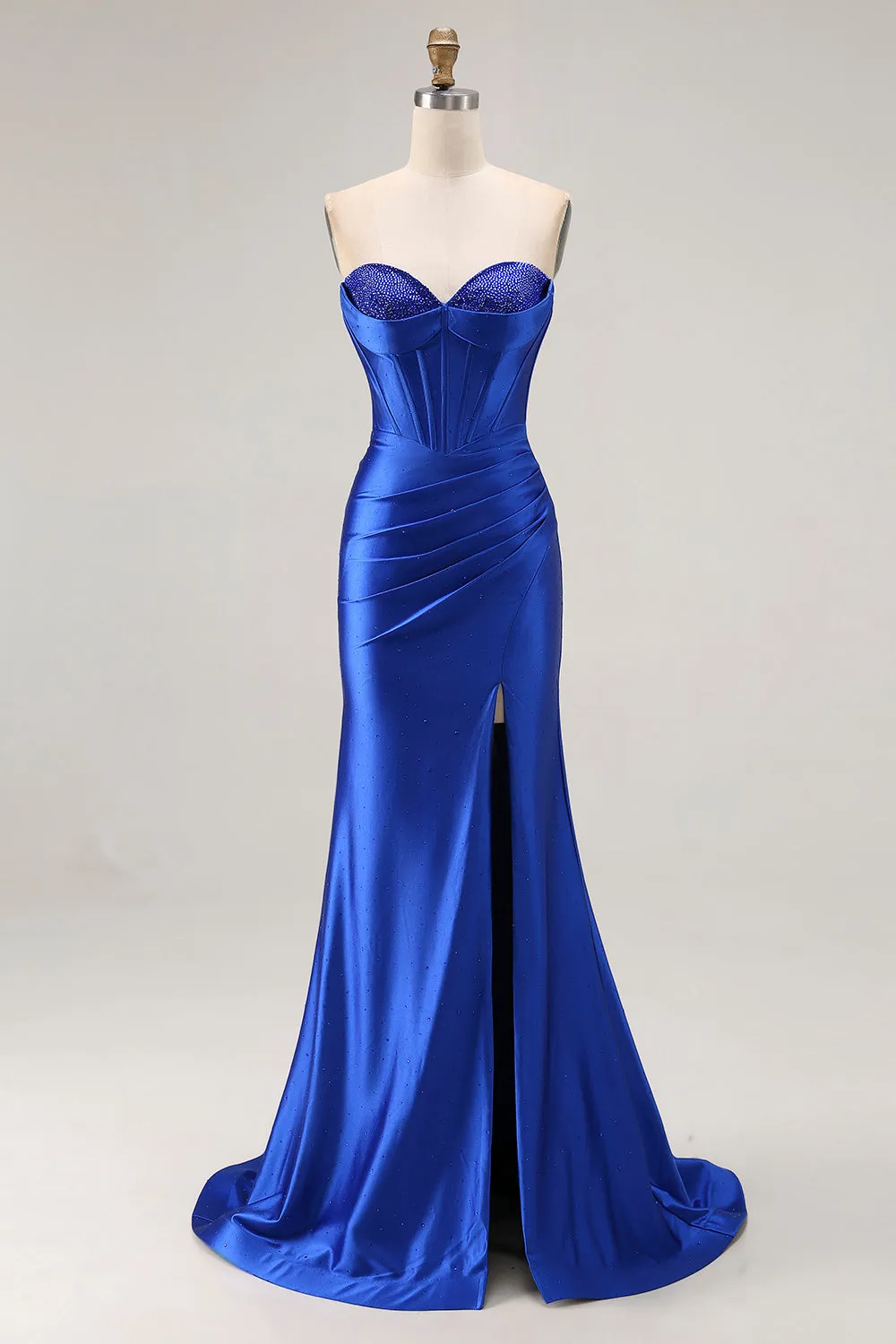 Royal Blue Strapless Beaded Corset Mermaid Pleated Long Prom Dress with Slit sold by Zapaka