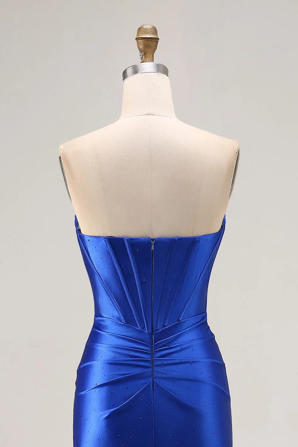 Royal Blue Strapless Beaded Corset Mermaid Pleated Long Prom Dress with Slit sold by Zapaka product image thumbnail 5