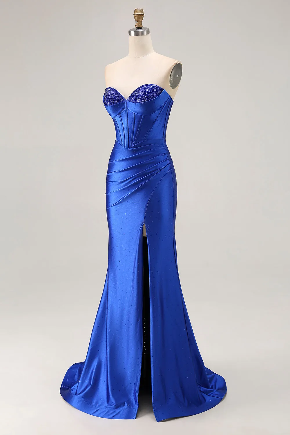 Royal Blue Strapless Beaded Corset Mermaid Pleated Long Prom Dress with Slit sold by Zapaka product image thumbnail 3