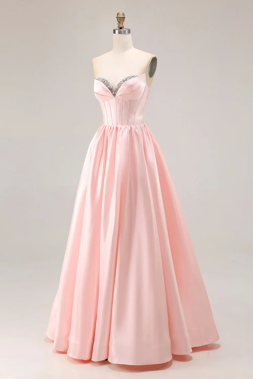 Pink A Line Sweetheart Satin Corset Long Prom Dress with Beading sold by Zapaka product image thumbnail 3