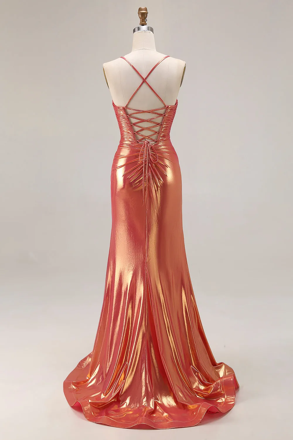 Metallic Orange Mermaid Beaded Ruched Long Prom Dress with Slit sold by Zapaka product image thumbnail 2