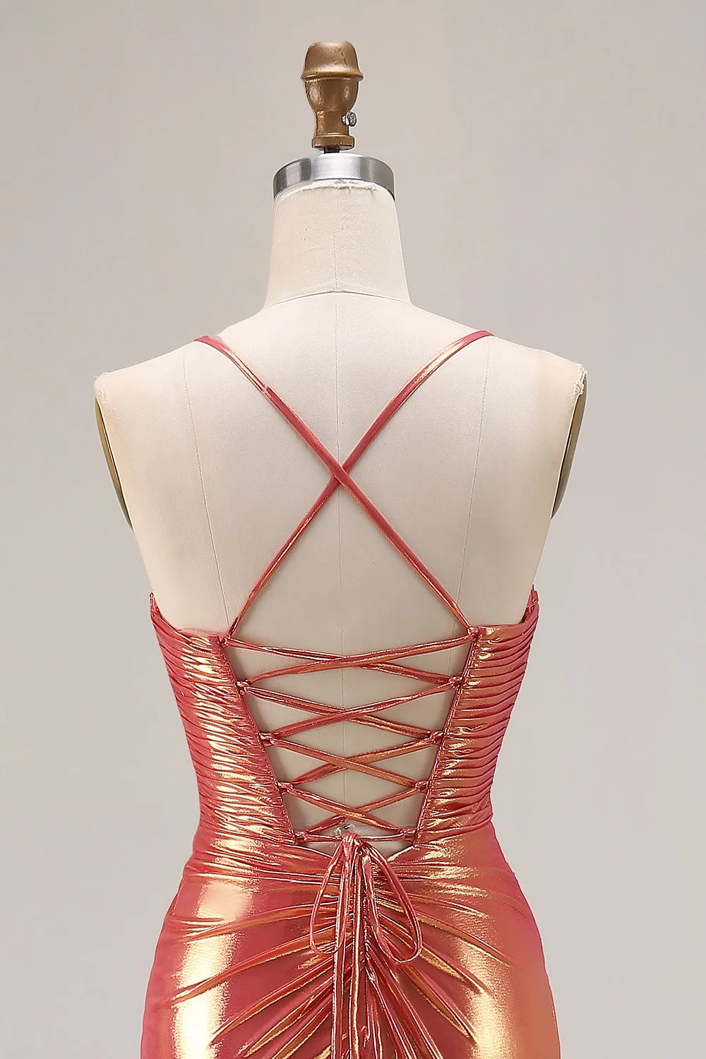 Metallic Orange Mermaid Beaded Ruched Long Prom Dress with Slit sold by Zapaka product image thumbnail 5