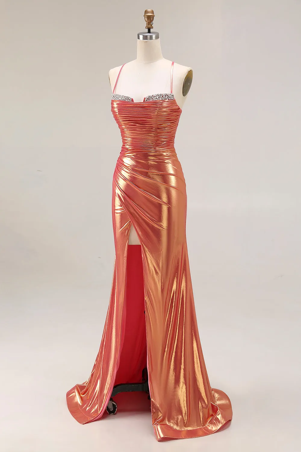Metallic Orange Mermaid Beaded Ruched Long Prom Dress with Slit sold by Zapaka product image thumbnail 3