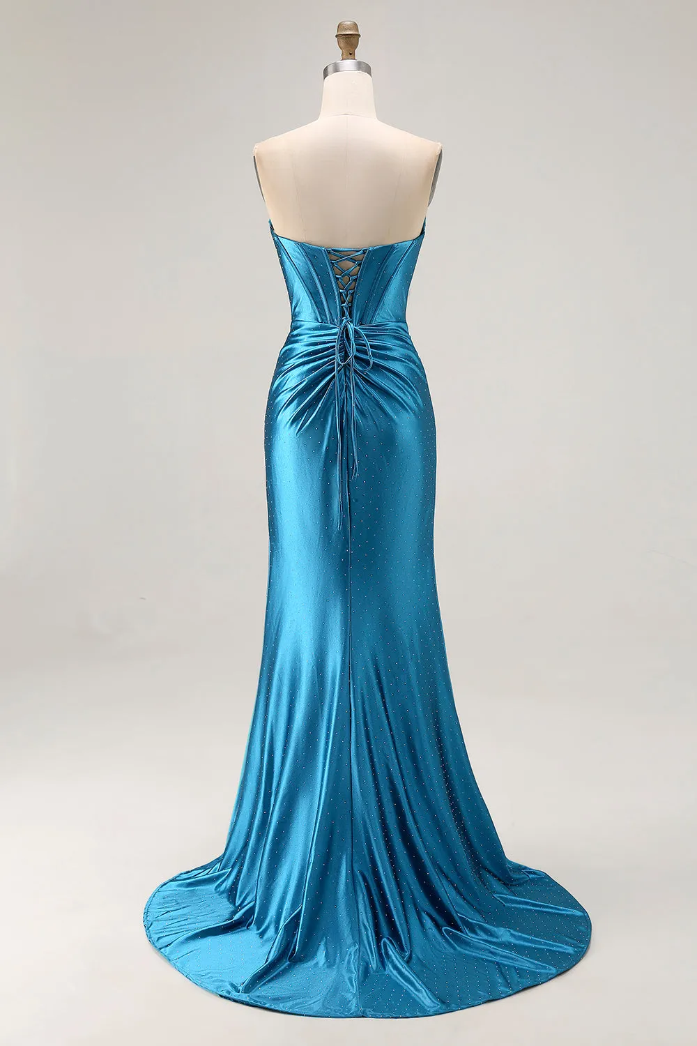 Royal Blue Strapless Ruched Corset Mermaid Beaded Long Prom Dress With Slit sold by Zapaka product image thumbnail 2