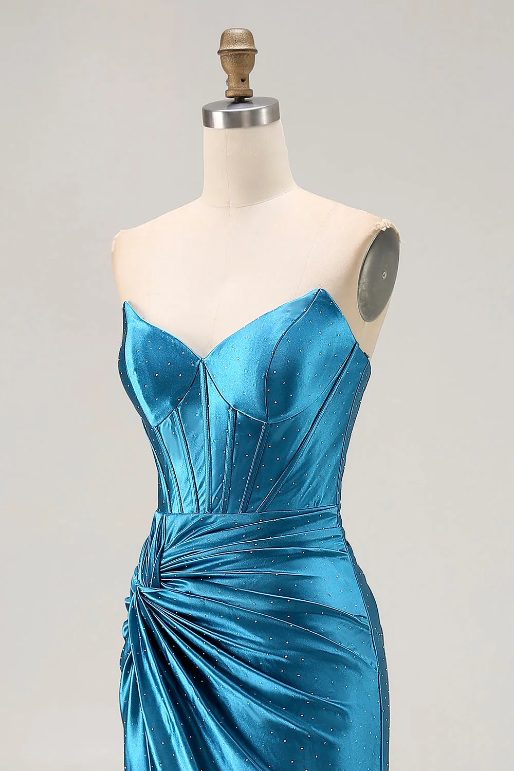 Royal Blue Strapless Ruched Corset Mermaid Beaded Long Prom Dress With Slit sold by Zapaka product image thumbnail 5