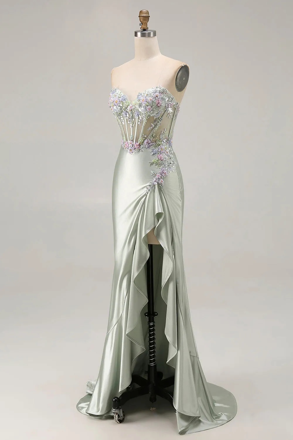 Dusty Sage Sweetheart Applique Corset Mermaid Sequin Long Prom Dress with Ruffle Slit sold by Zapaka product image thumbnail 3