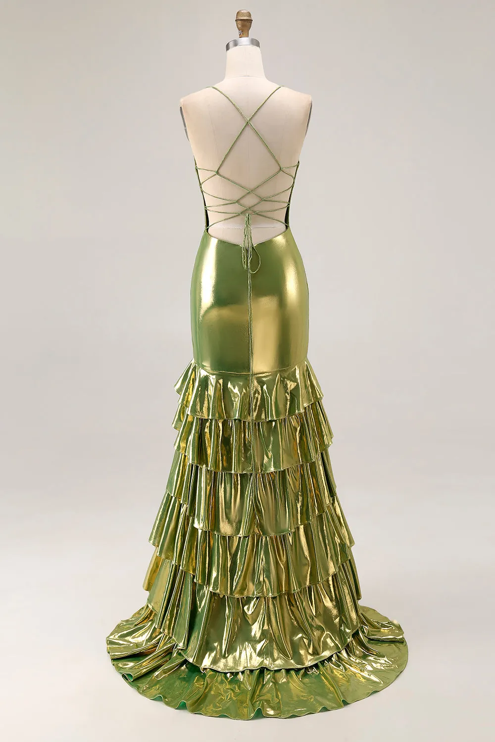 Gold Metallic Tiered Mermaid Tie Back Long Prom Dress With Slit sold by Zapaka product image thumbnail 2