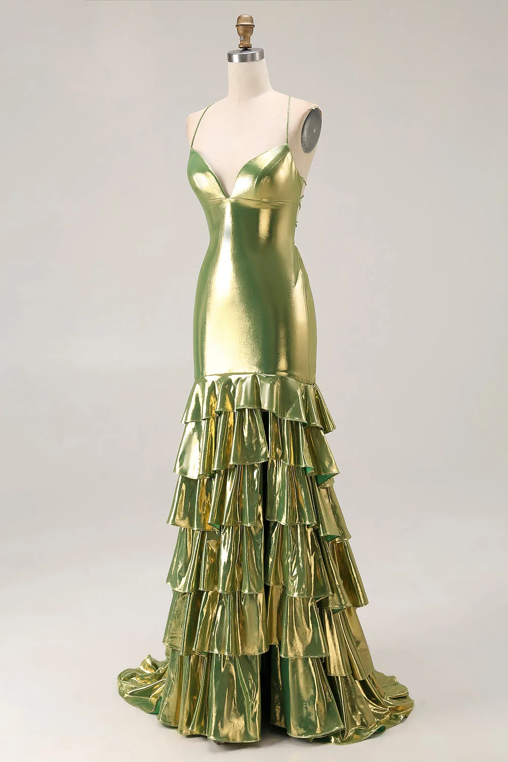Gold Metallic Tiered Mermaid Tie Back Long Prom Dress With Slit sold by Zapaka product image thumbnail 3