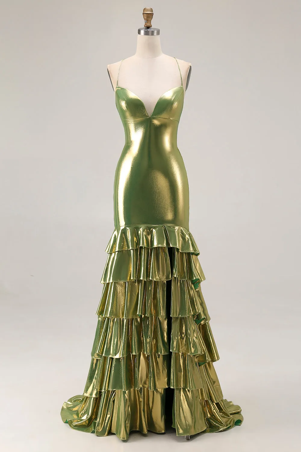 Gold Metallic Tiered Mermaid Tie Back Long Prom Dress With Slit sold by Zapaka