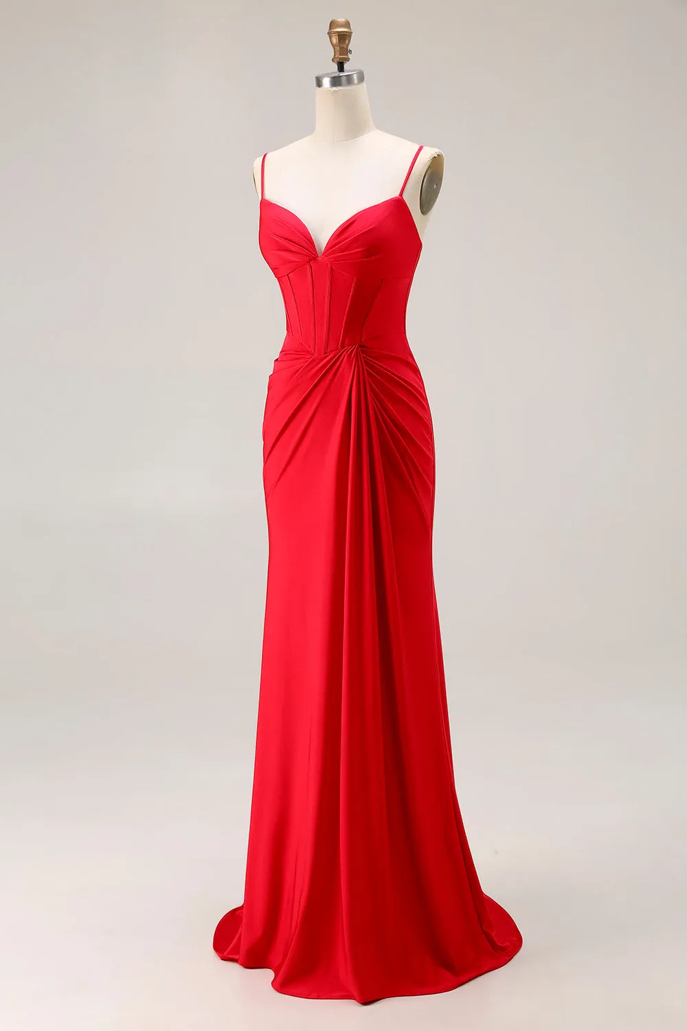 Red Mermaid Corset Spaghetti Straps Ruched Satin Long Prom Dress sold by Zapaka product image thumbnail 3
