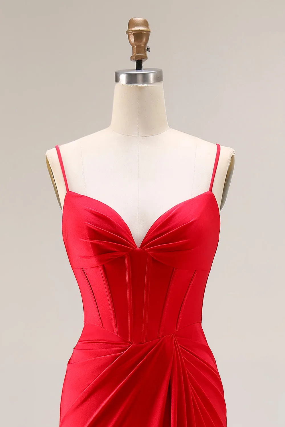 Red Mermaid Corset Spaghetti Straps Ruched Satin Long Prom Dress sold by Zapaka product image thumbnail 4