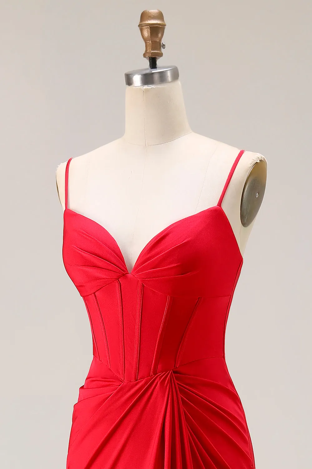 Red Mermaid Corset Spaghetti Straps Ruched Satin Long Prom Dress sold by Zapaka product image thumbnail 5