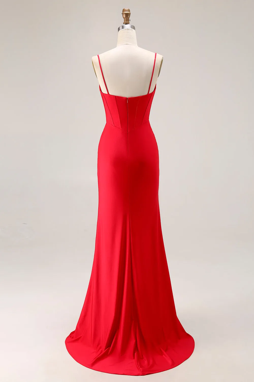 Red Mermaid Corset Spaghetti Straps Ruched Satin Long Prom Dress sold by Zapaka product image thumbnail 2