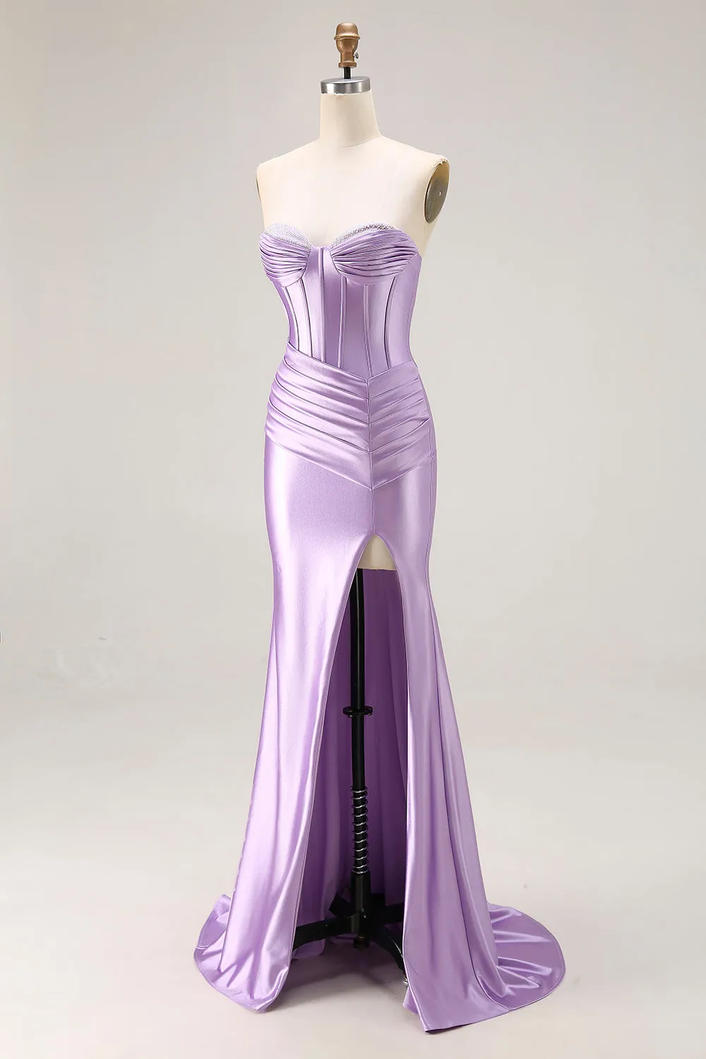 Strapless Purple Mermaid Corset Pleated Long Prom Dress With Slit sold by Zapaka product image thumbnail 3