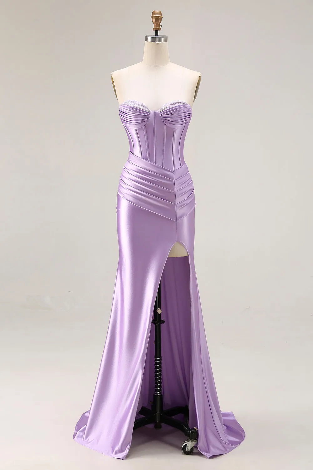 Strapless Purple Mermaid Corset Pleated Long Prom Dress With Slit sold by Zapaka